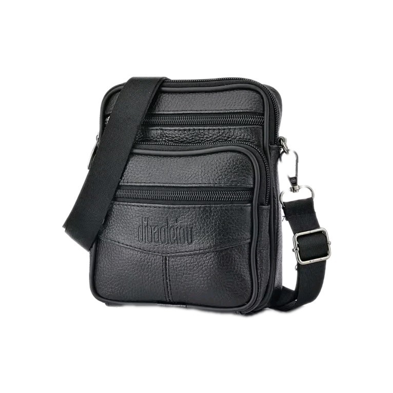 Men’s Genuine Leather Crossbody Small Travel Shoulder Multi Pocket Bag (Black)