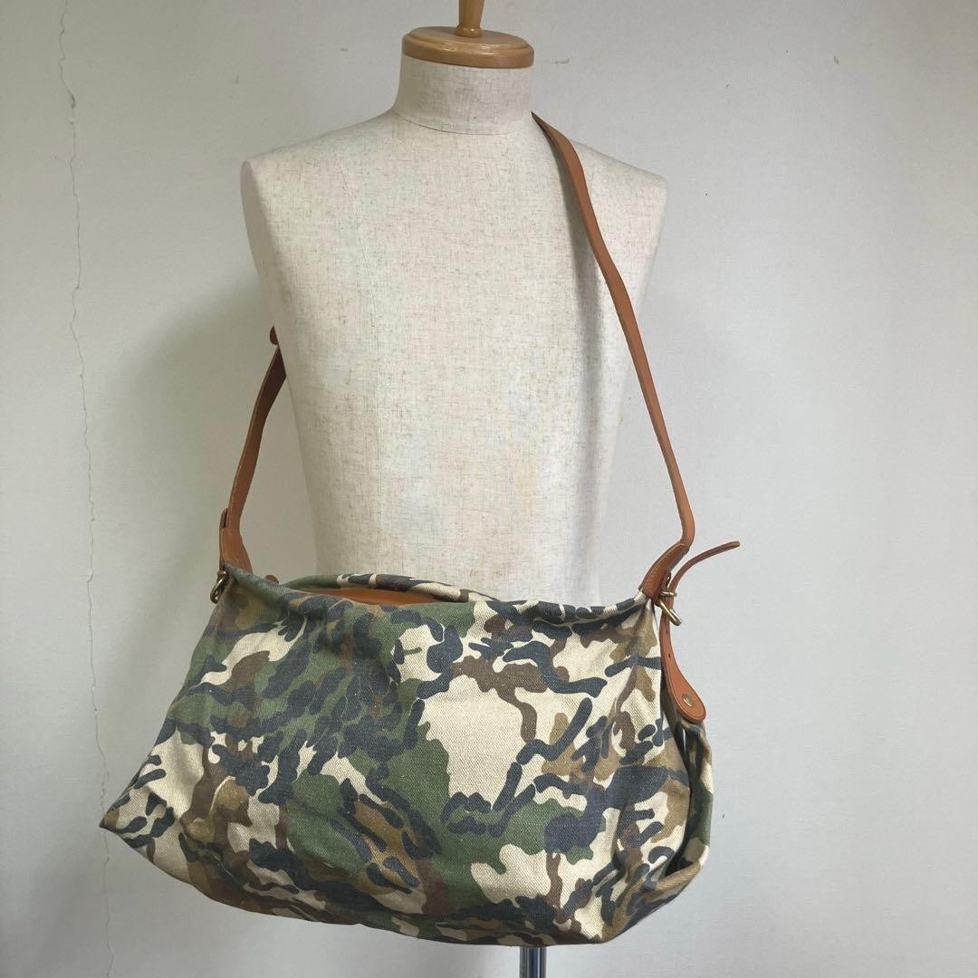 Il Bisonte Camouflage Canvas Leather Shoulder Bag 17x9x6 inches