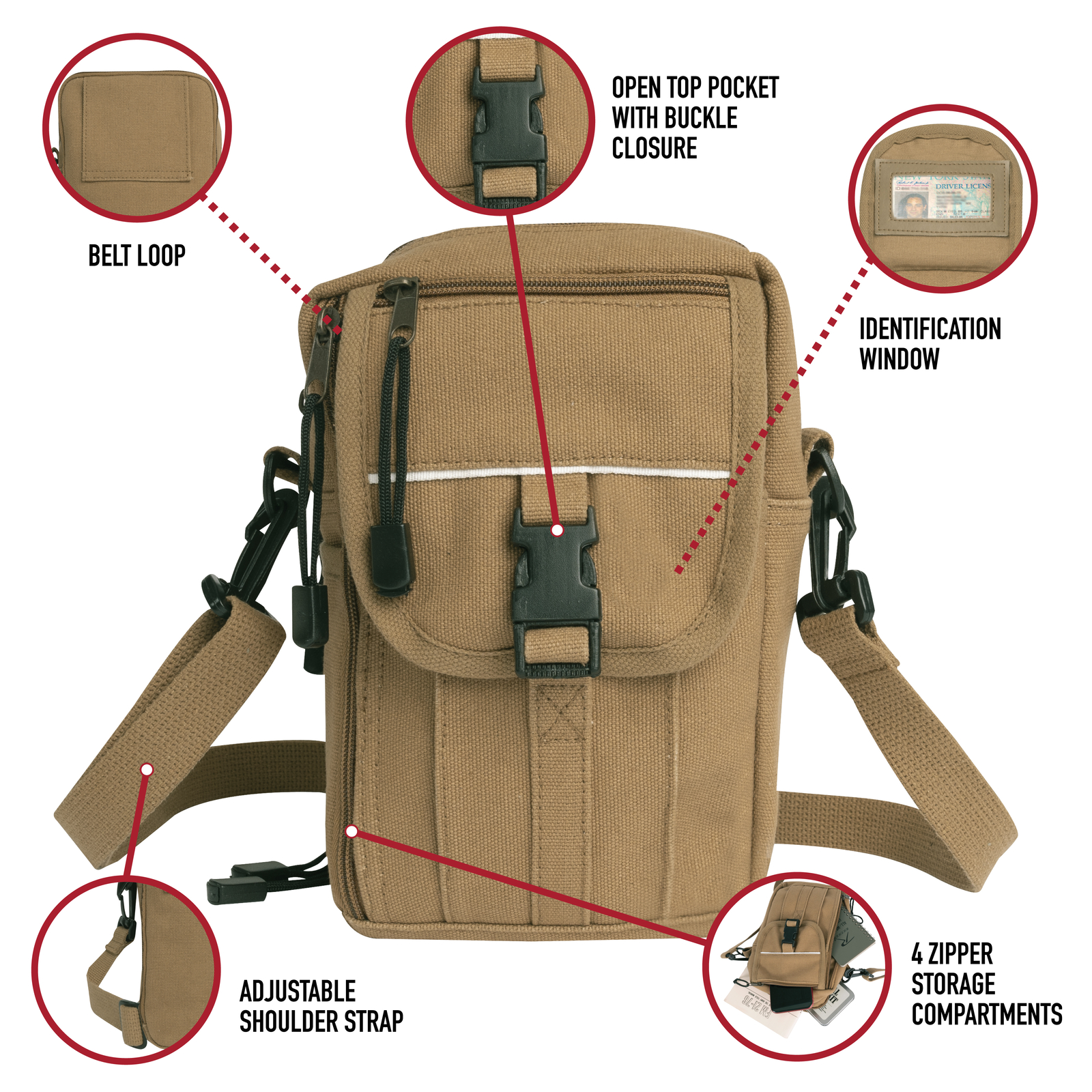 Coyote Brown Heavyweight Canvas Passport Travel Pouch Shoulder Bag 9″x7″x4″