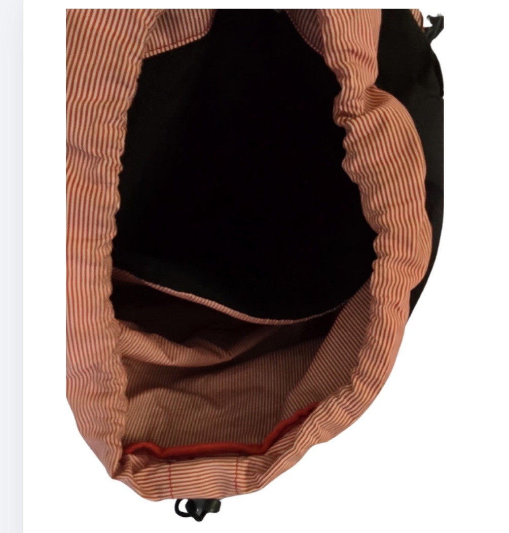 Herschel Backpack Black, Brown Straps, Red/White Striped Interior Large Flap Bag