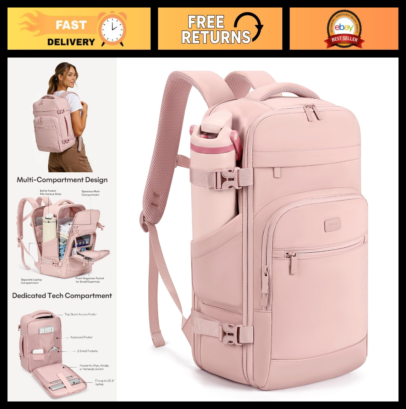 30L Flight Approved Travel Backpack for Men & Women, TSA Carry-On Bag, Fits 15.6