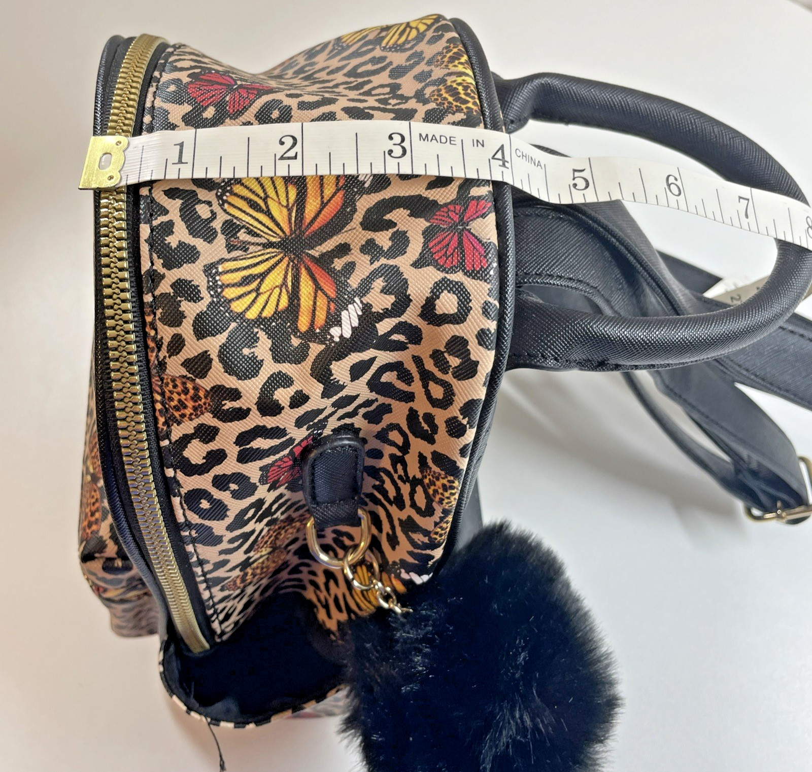 Like Dreams Backpack Purse Leopard Cheetah Butterfly Print Furry Black Bag Charm