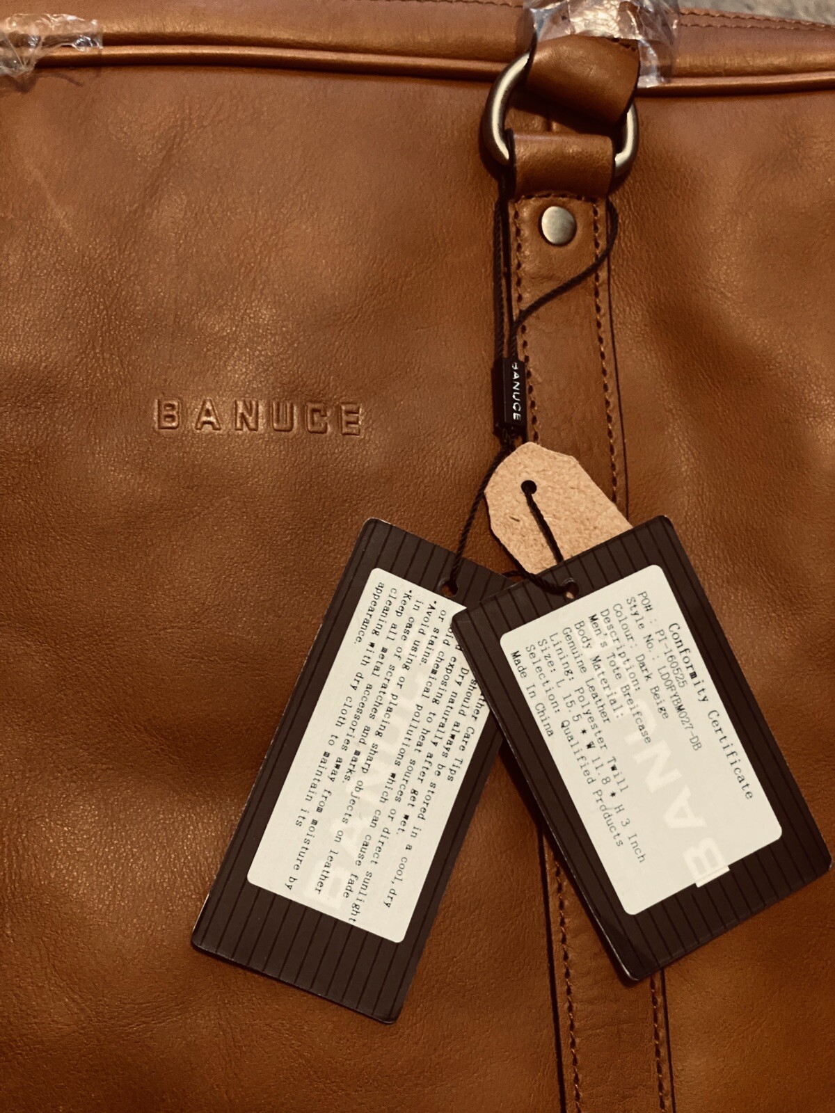 Banuce Leather Tote Briefcase Laptop Case Dark Beige Caramel Brown