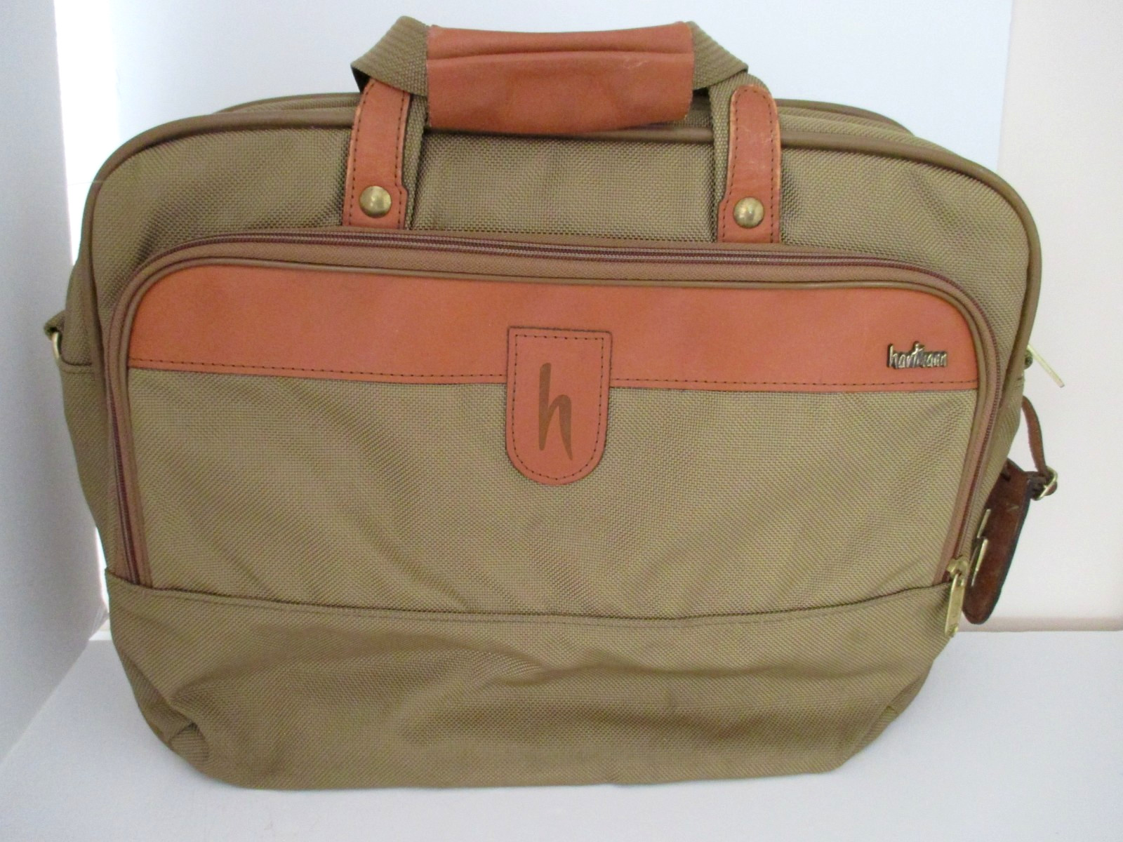 Hartmann Messenger Bag Green Nylon Canvas & Tan Leather Double Handles