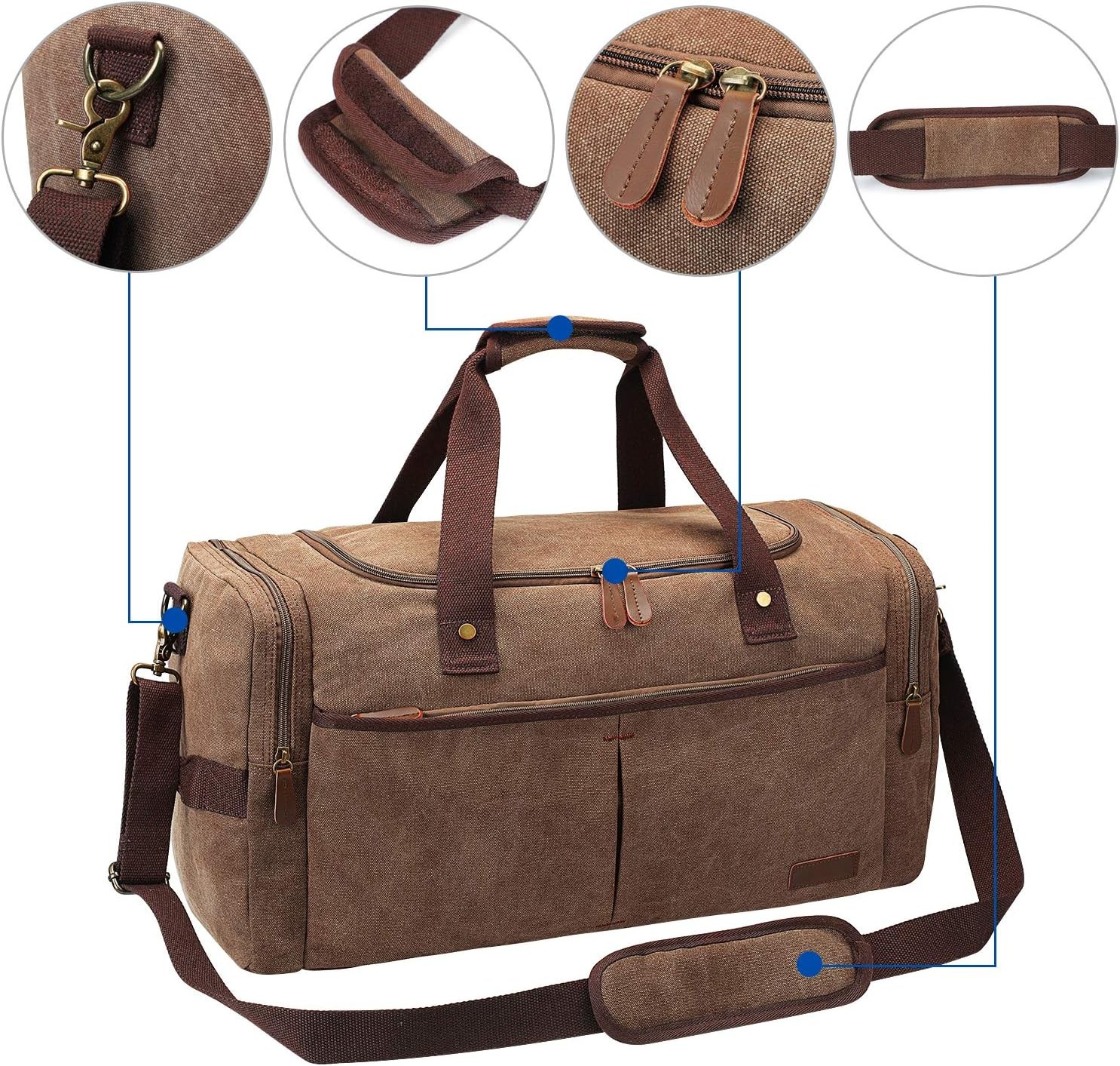 Large Canvas Duffel Bag with Shoe Compartment for Travel and Gym, Coffee Color