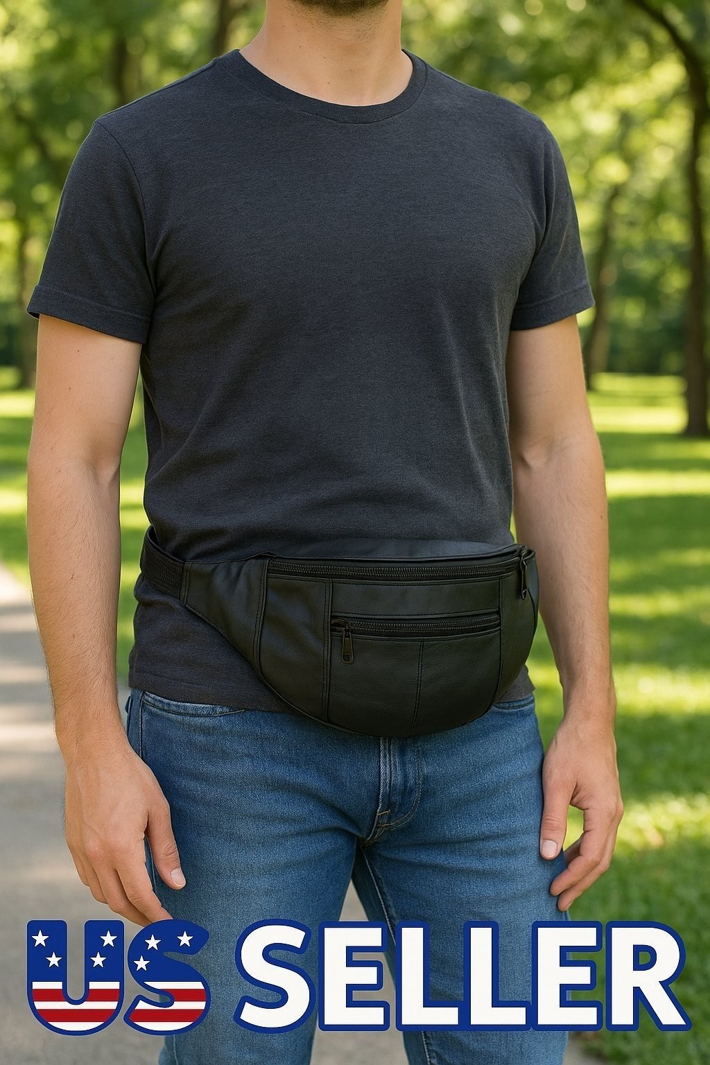 New Black Leather Waist Fanny Pack Travel Belt Bag Hip Travel Pouch 40″ Waist