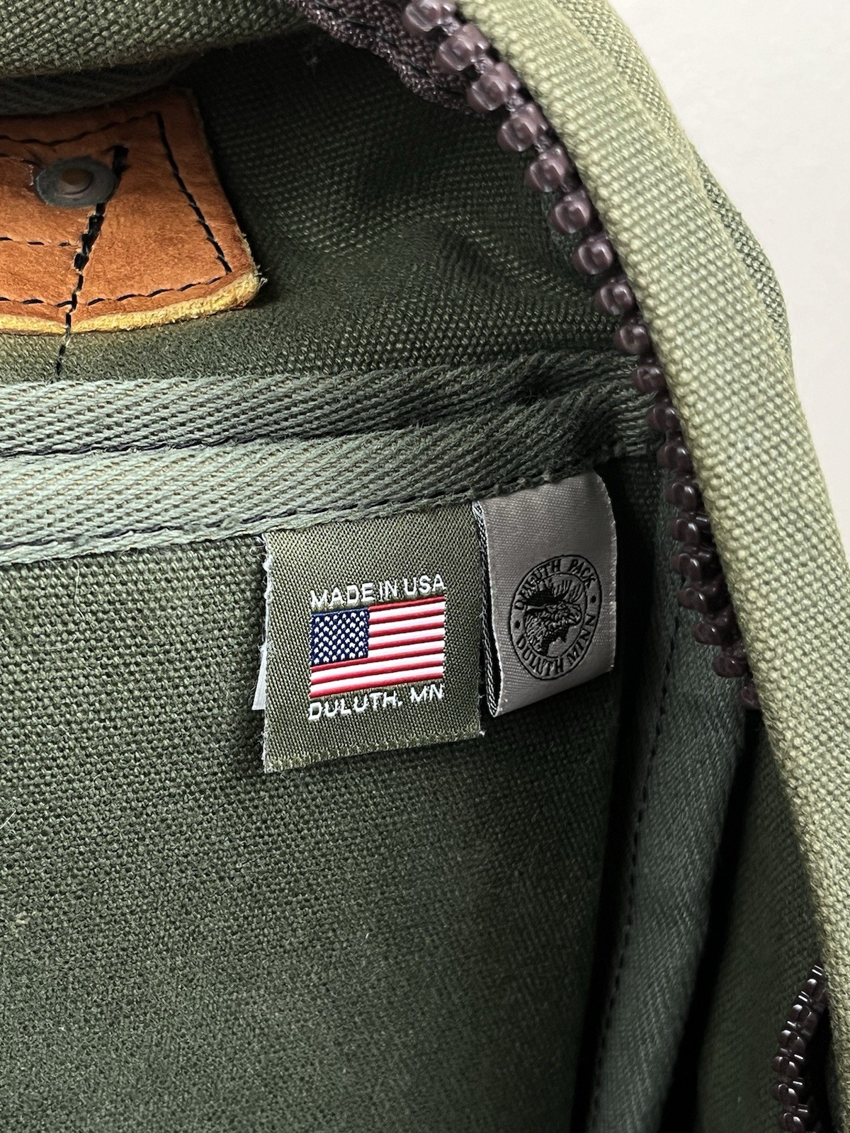 Duluth Pack Green Canvas & Brown Leather Backpack Made In USA YKK Zip Rare