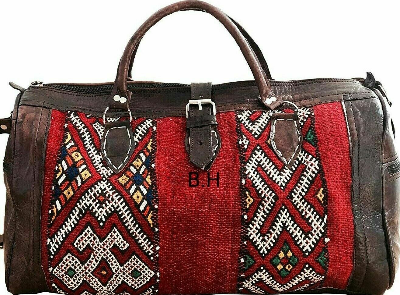 Leather Kilim Travel Bag , vintage carpet, unisex Weekend Bag, Dark Brown