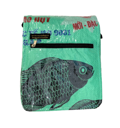 Recycled Fish Feed Messenger Bag Handmade in Cambodia Fair Trade