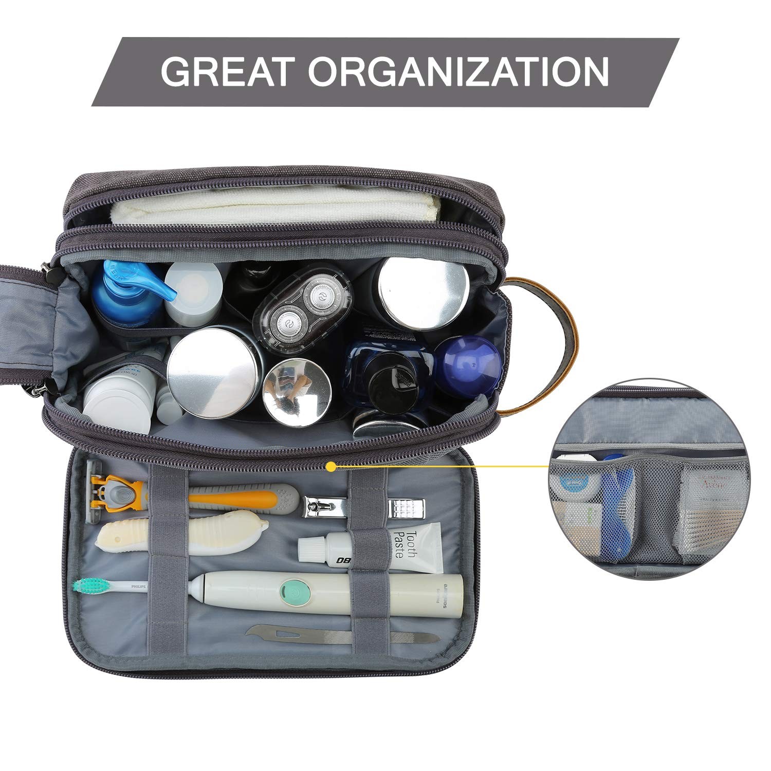 BAGSMART Toiletry Bag for Men, Canvas Travel Organizer Medium, Grey
