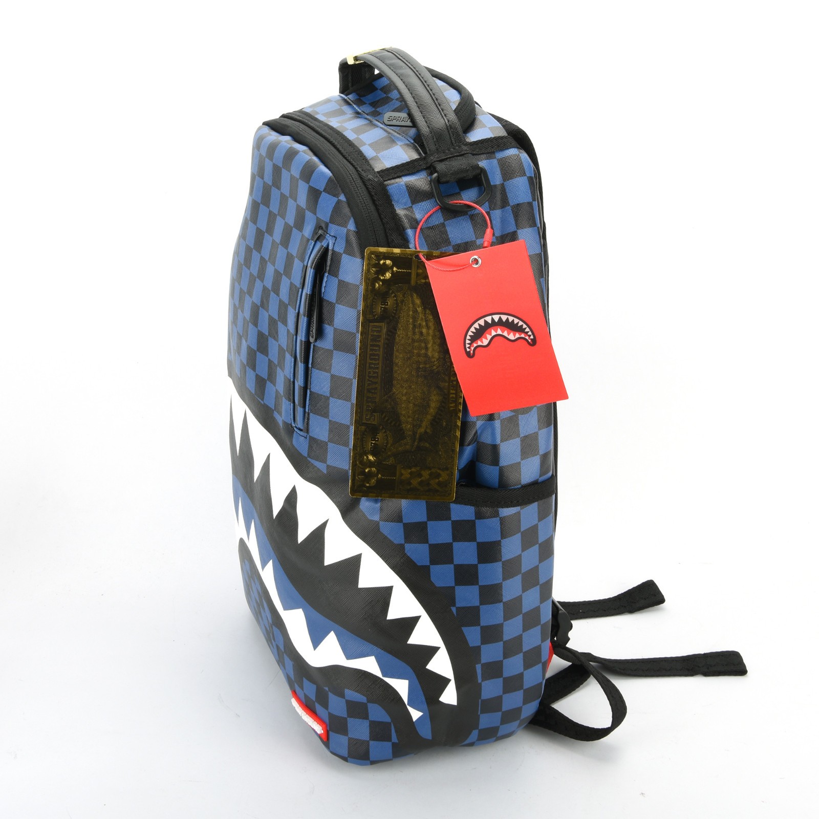 Sprayground Midnight Magic Shark Leather Bag Backpack Unisex Blue Black Plaid