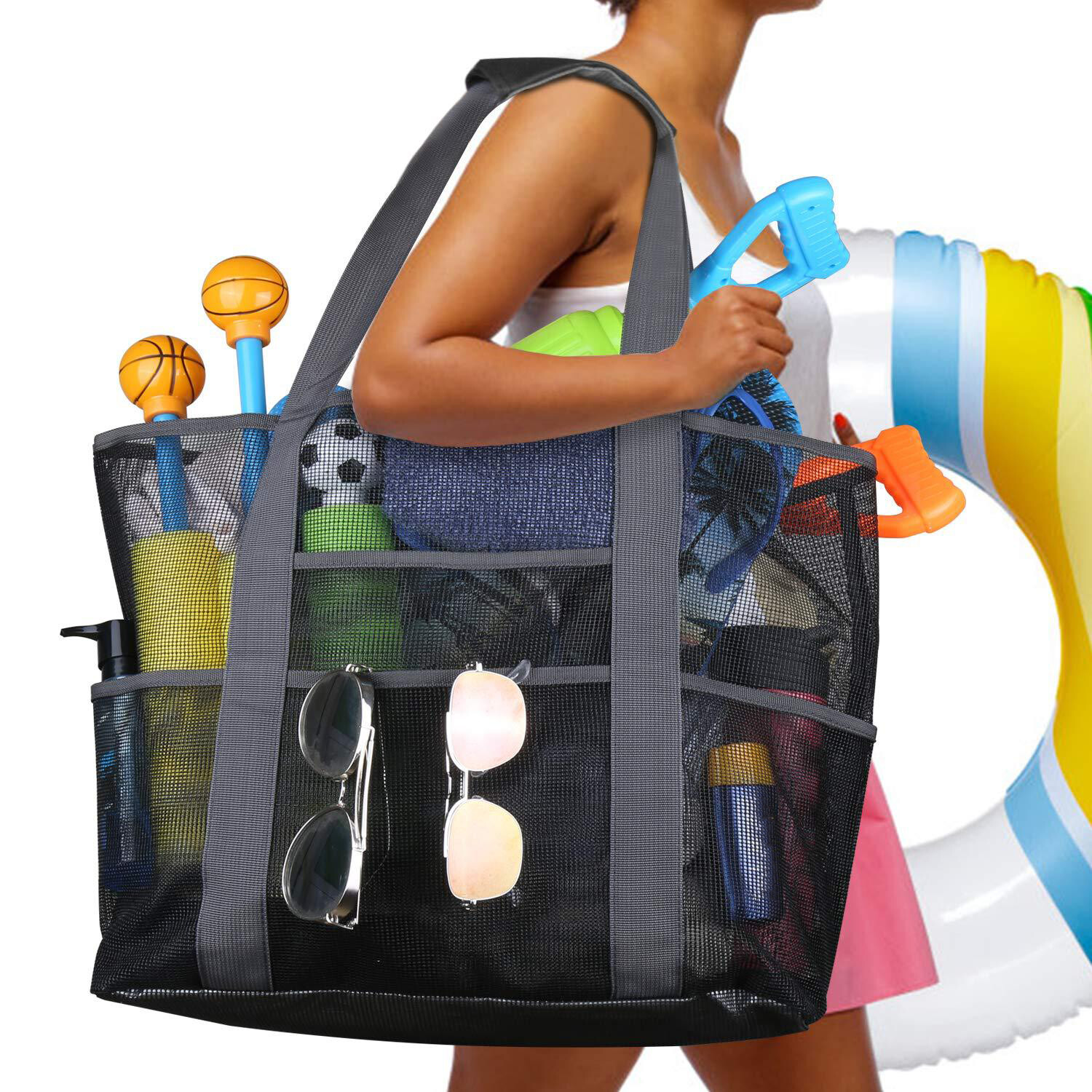 Extra Large Summer Beach Mesh Bag Picnic Tote w/Zipper N 8 Pockets XL 28″x15″x7″