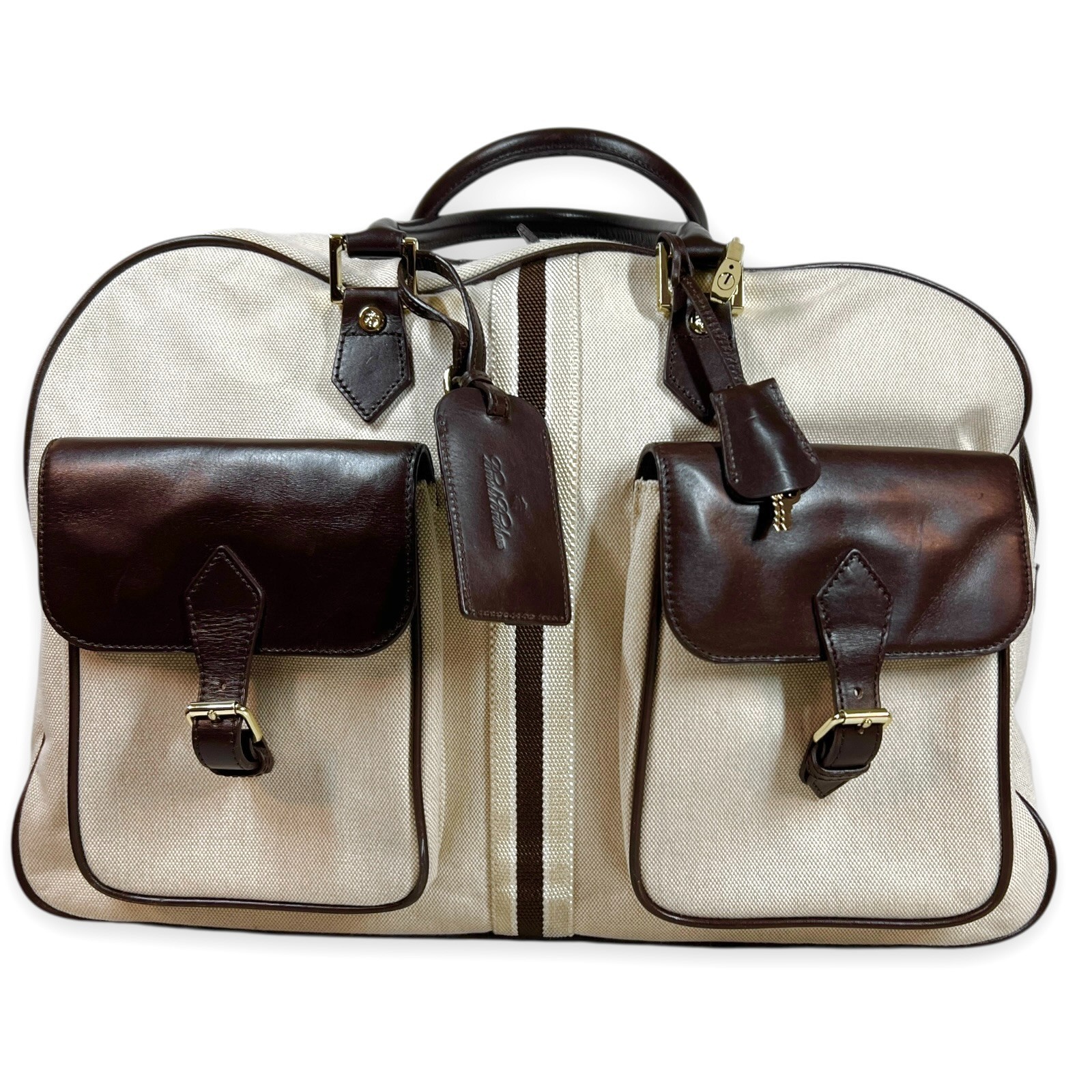 VTG Brooks Brothers Heritage Canvas Leather Travel Bag Medium Duffel Beige Lock
