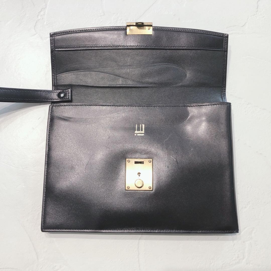 Dunhill Flap Clutch Bag Second Bag Black Leather Lock & Key Wrist Strap Men’s
