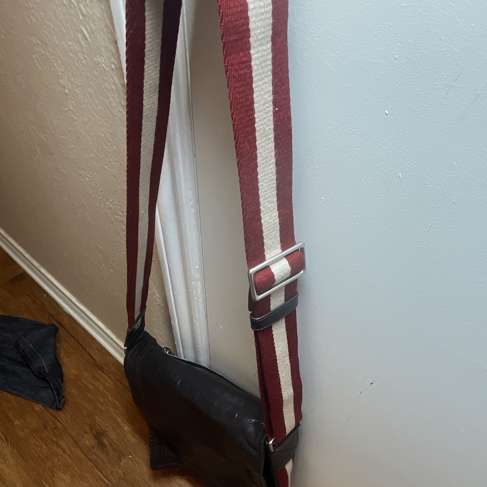 Bally Black Messenger Bag Red White Striped Crossbody Strap Adjustable