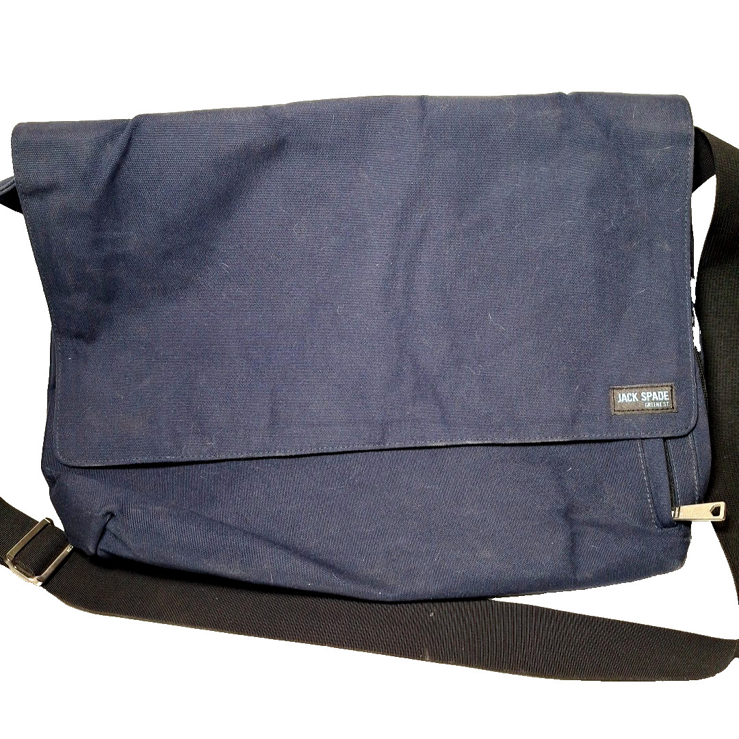 Jack Spade Green Street Messenger Bag Navy Blue W/Black Strap Orange Inside