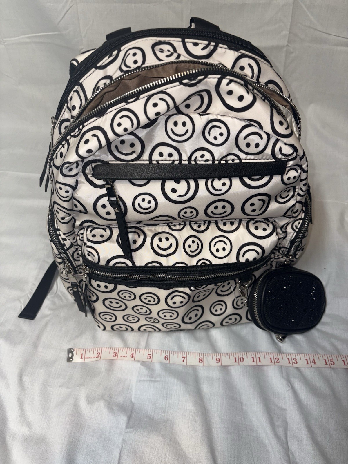 Madden NYC Smiley Face Backpack White Black Adjustable Strap Medium