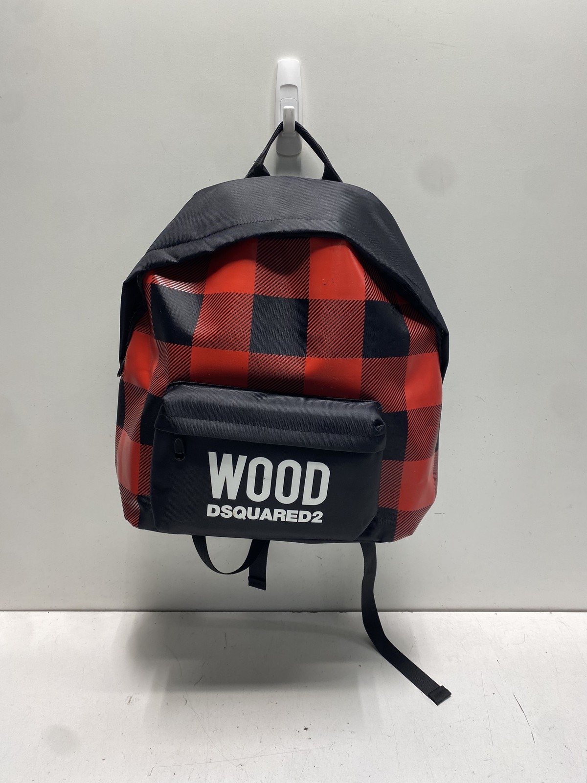 DSquared2 Red Black Buffalo Plaid Wood Backpack Logo Print Bag Unisex