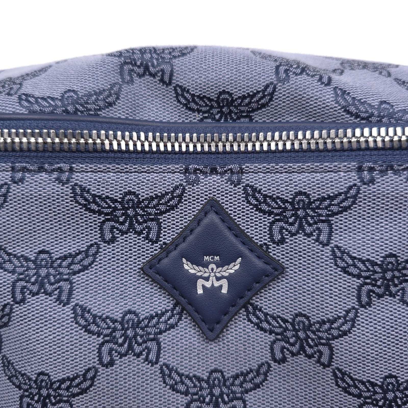 $650 MCM Himmel Lauretos Jacquard Fabric Belt Bag in Steel Blue Mens Authentic