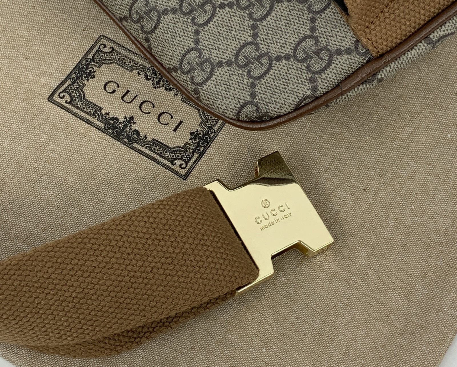 Gucci GG Monogram Interlocking G Canvas Leather Crossbody Belt Bag Beige 682933