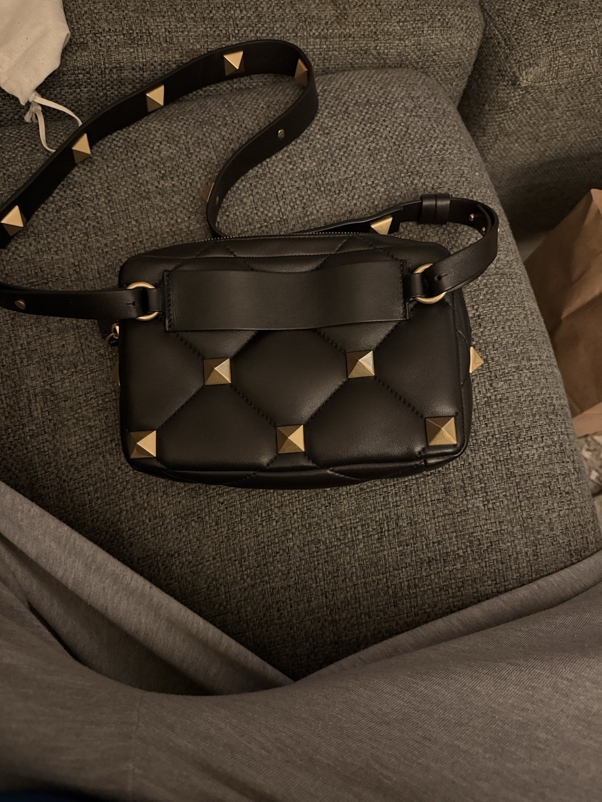 Valentino Rockstud Quilted Black Shoulder Bag Gold Studded Designer Zip