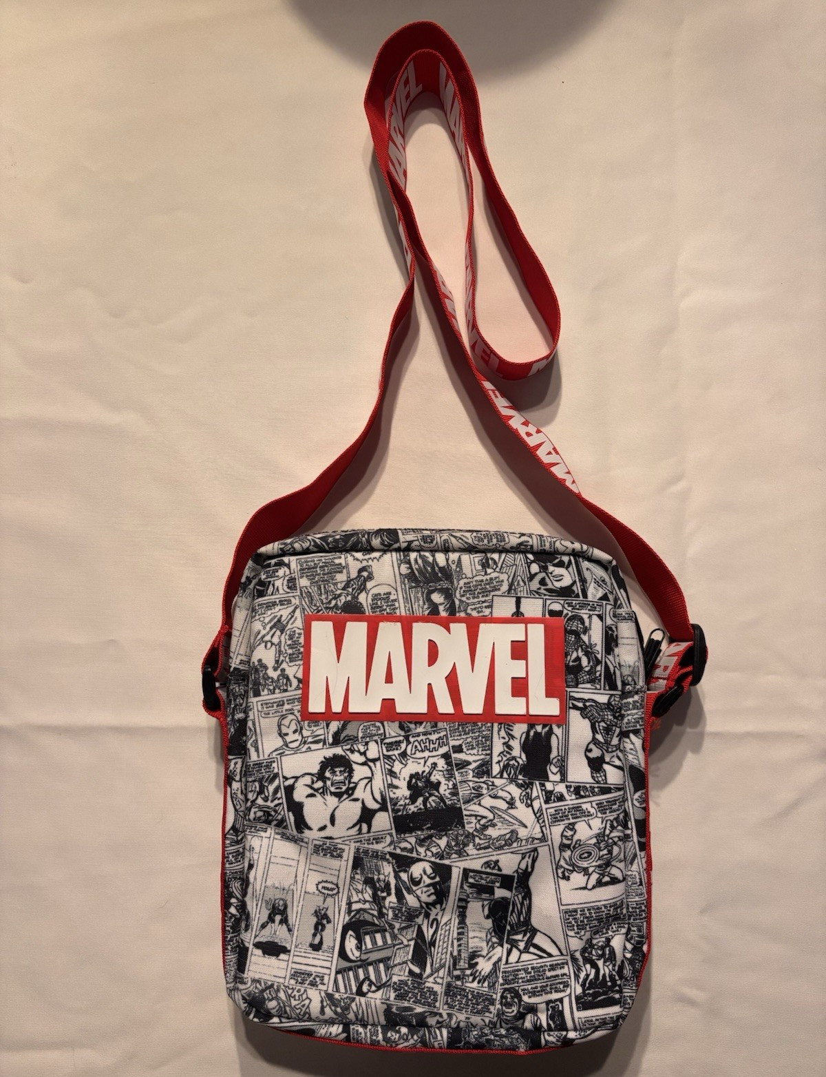 Marvel Comic Print Small Crossbody Bag Zip Closure, Adjustable Red Strap