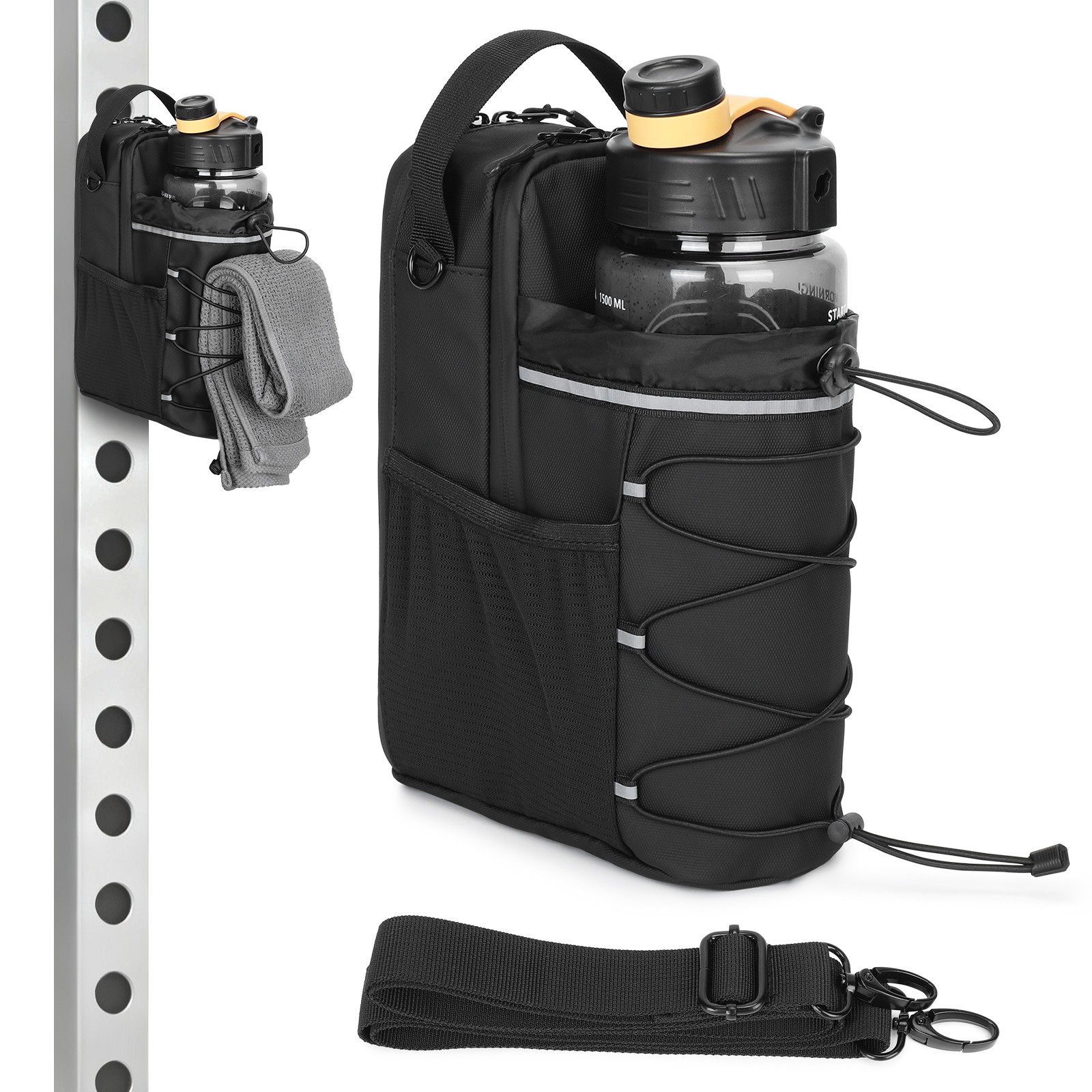 Magnetic Gym Bag Water Bottle Carrier Holder with Shoulder Strap & Phone Pockets