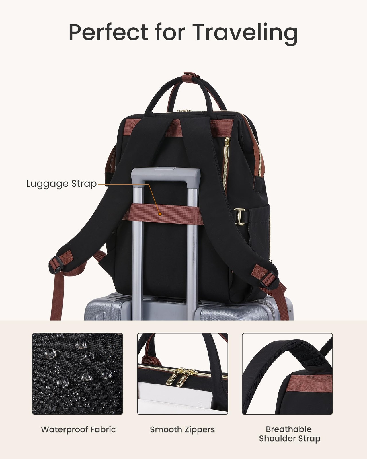 17in Waterproof Womens Laptop Backpack Tumbler Holder Travel Bag Black