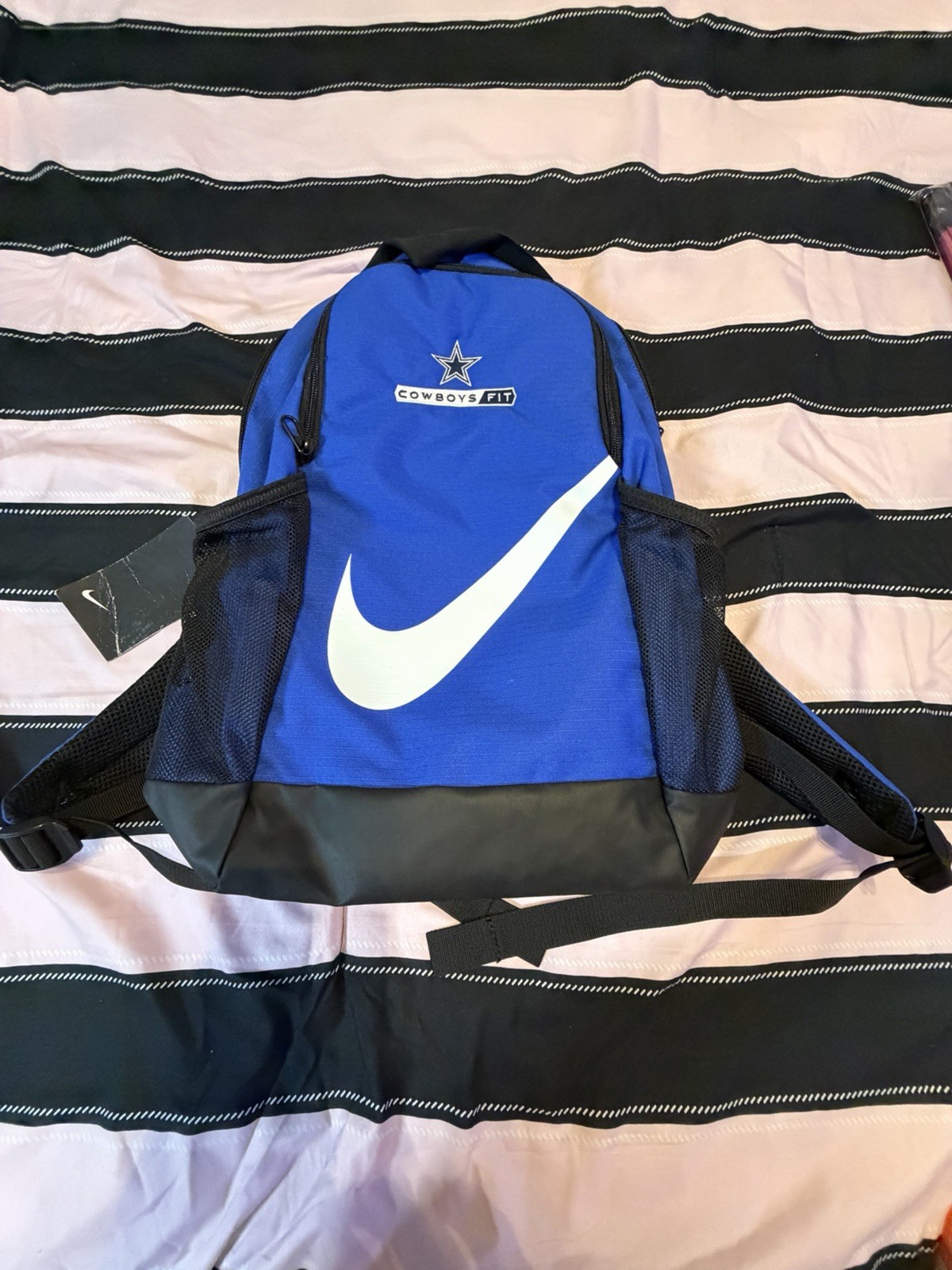 Nike Cowboys Fit Blue Black White Backpack Zip Closure Bottle Pocket Padded