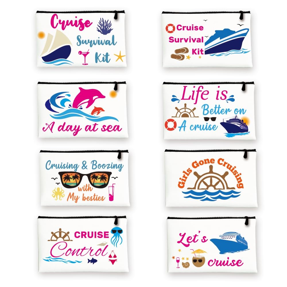 INFUNLY 8PCS Summer Canvas Cosmetic Bags Blue Boat 5.9×9 inches, Multi-color