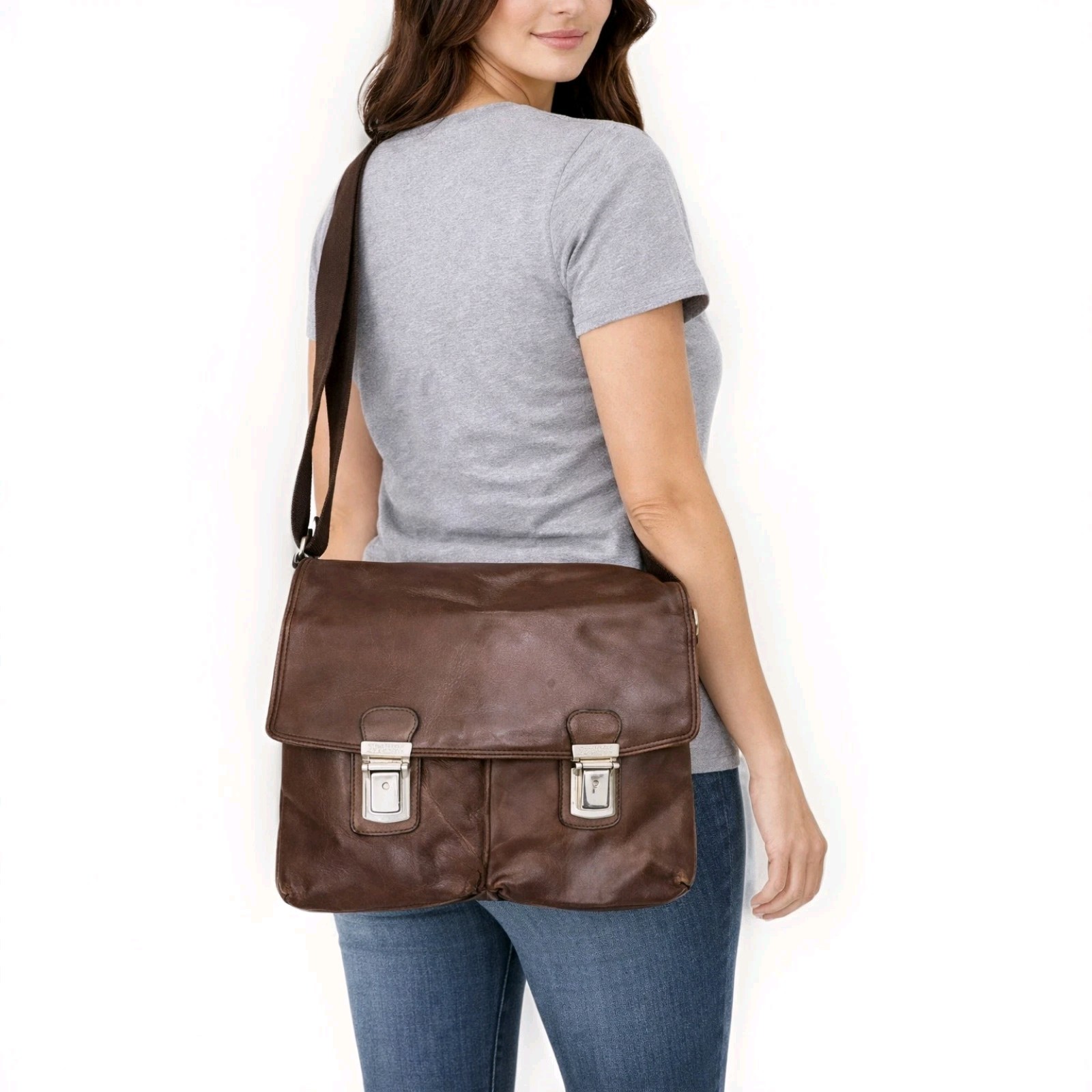 Kenneth Cole Reaction Dark Brown Genuine Leather Messenger Briefcase Crossbody