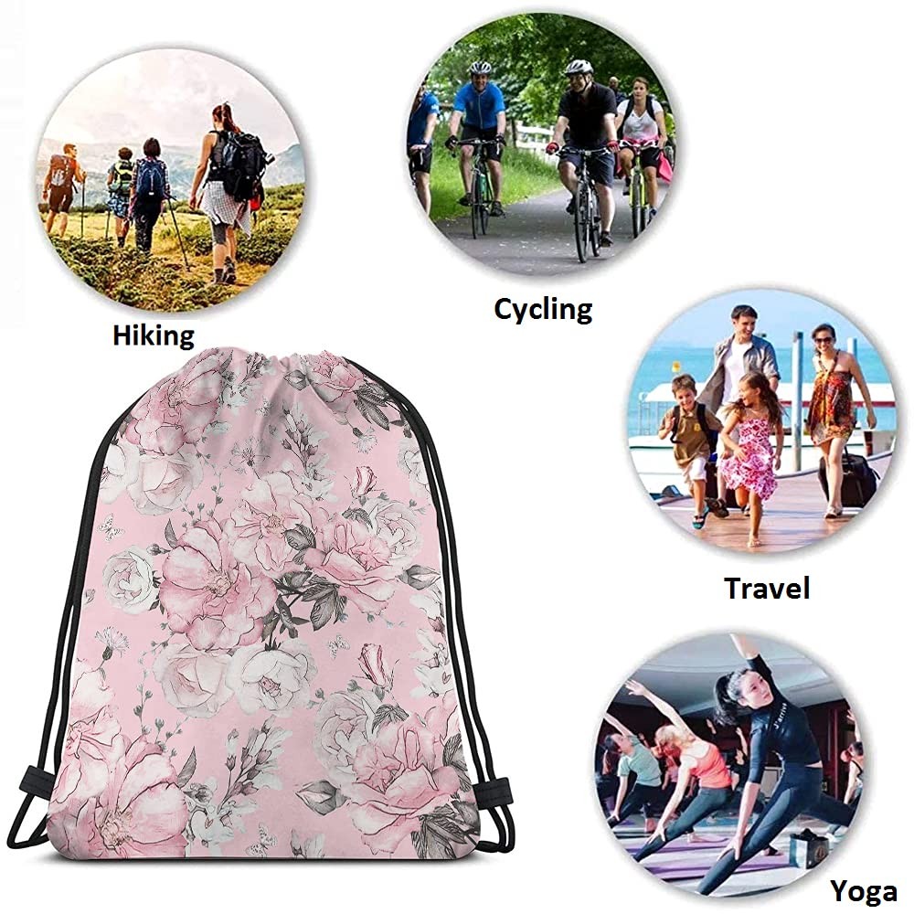 Pink Floral Print Polyester Drawstring Backpack, Unisex, 14×16.9 Inch, Modern…