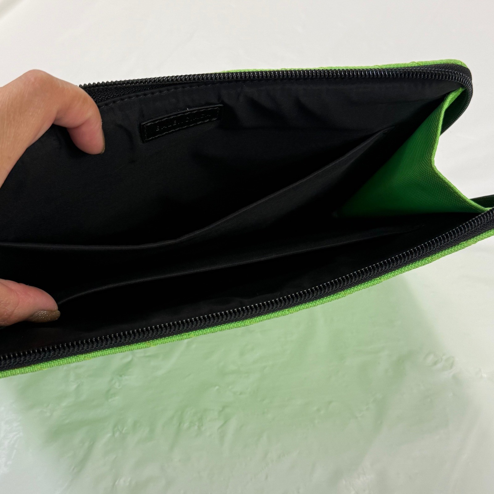 Balenciaga Neon Green Nylon Logo Embroidered Zip Pouch Document Holder Bag