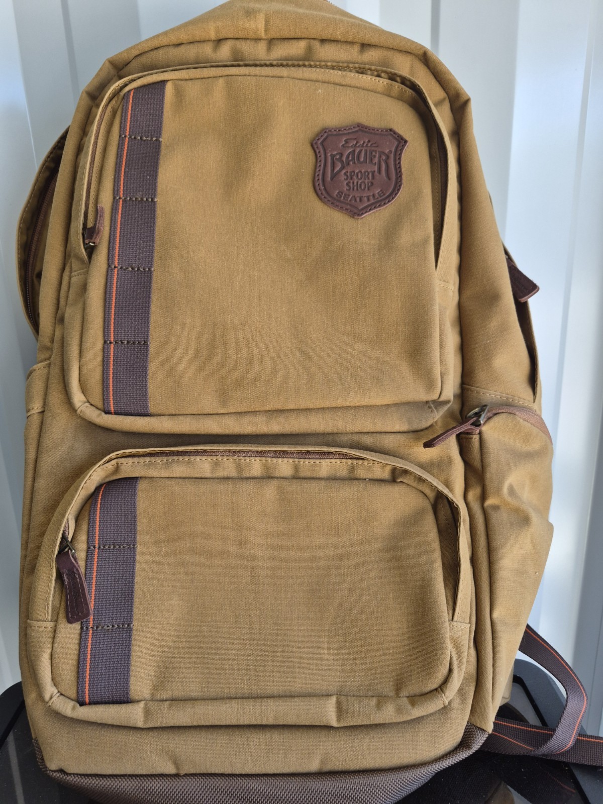 Eddie Bauer Backpack Day Pack 3 Sections, Tan With 3 Pockets Outside