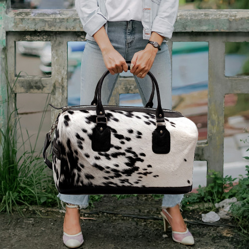 Hair on Cowhide Leather Duffle Bag – Handmade Travel Weekender Overnight Gym Bag