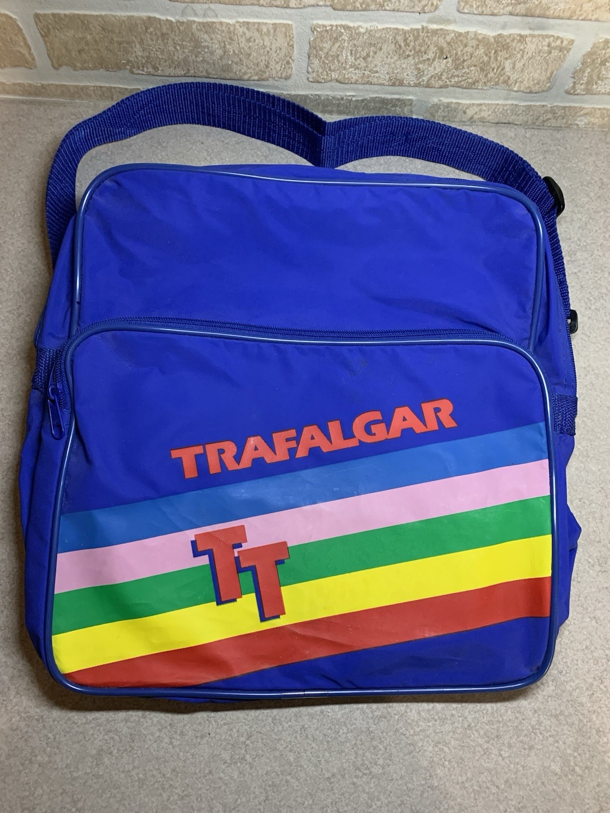 Vintage 80s 90s Trafalgar TT Shoulder Bag Blue Rainbow Stripes Travel Tote Retro