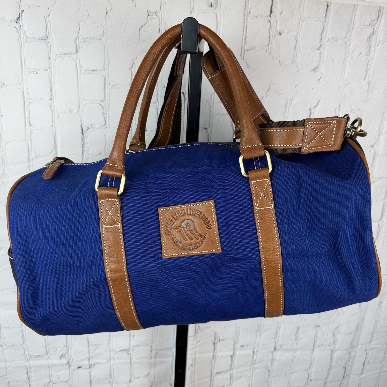 F.H. Wadsworth NYC Blue Matron Fabric Brown Leather Trim Zip Duffle Bag New