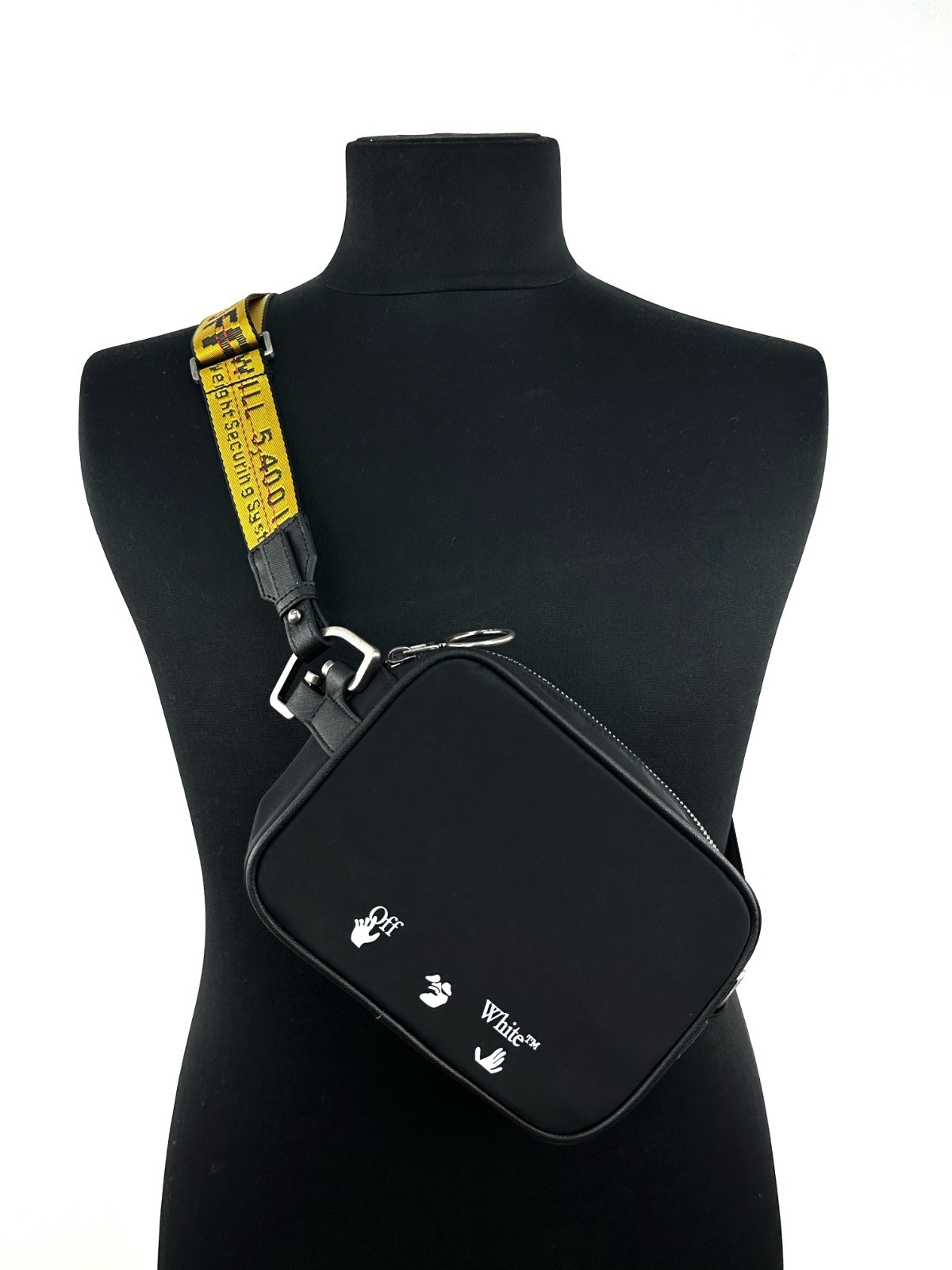 Off-White Mini Logo Print Nylon Fabric Zipped Messenger Crossbody Bag Black