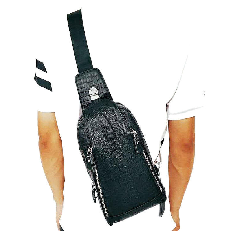 Genuine Leather Sling Backpack Black Men’s Crossbody Chest Bag Crocodile Pattern