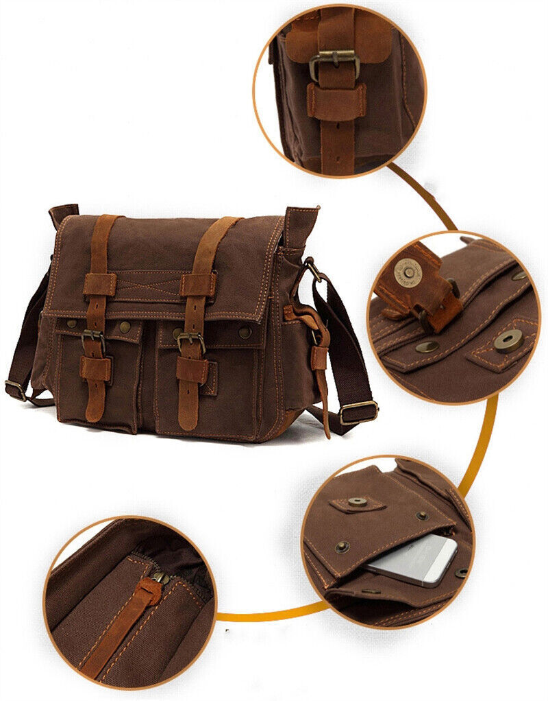 Military Canvas Genuine Leather Shoulder Crossbody Casual Bag Men Messenger Bags