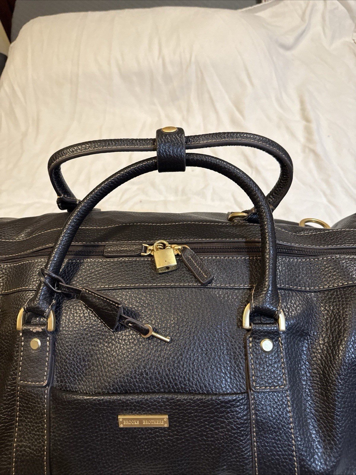 Brooks Brothers Brown Pebble Leather Duffel Bag Weekender Travel Carry On Strap