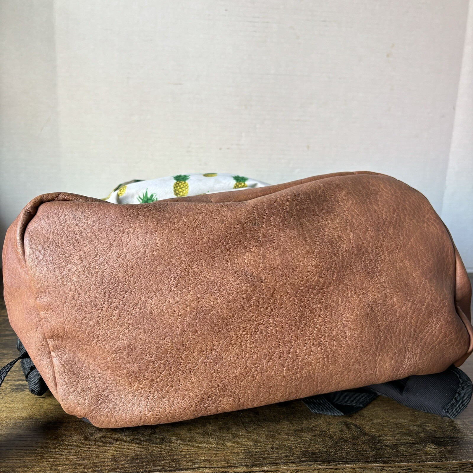 Trans By Jansport Backpack Large Yellow Pineapple Brown Leather Bottom 4 Zippers