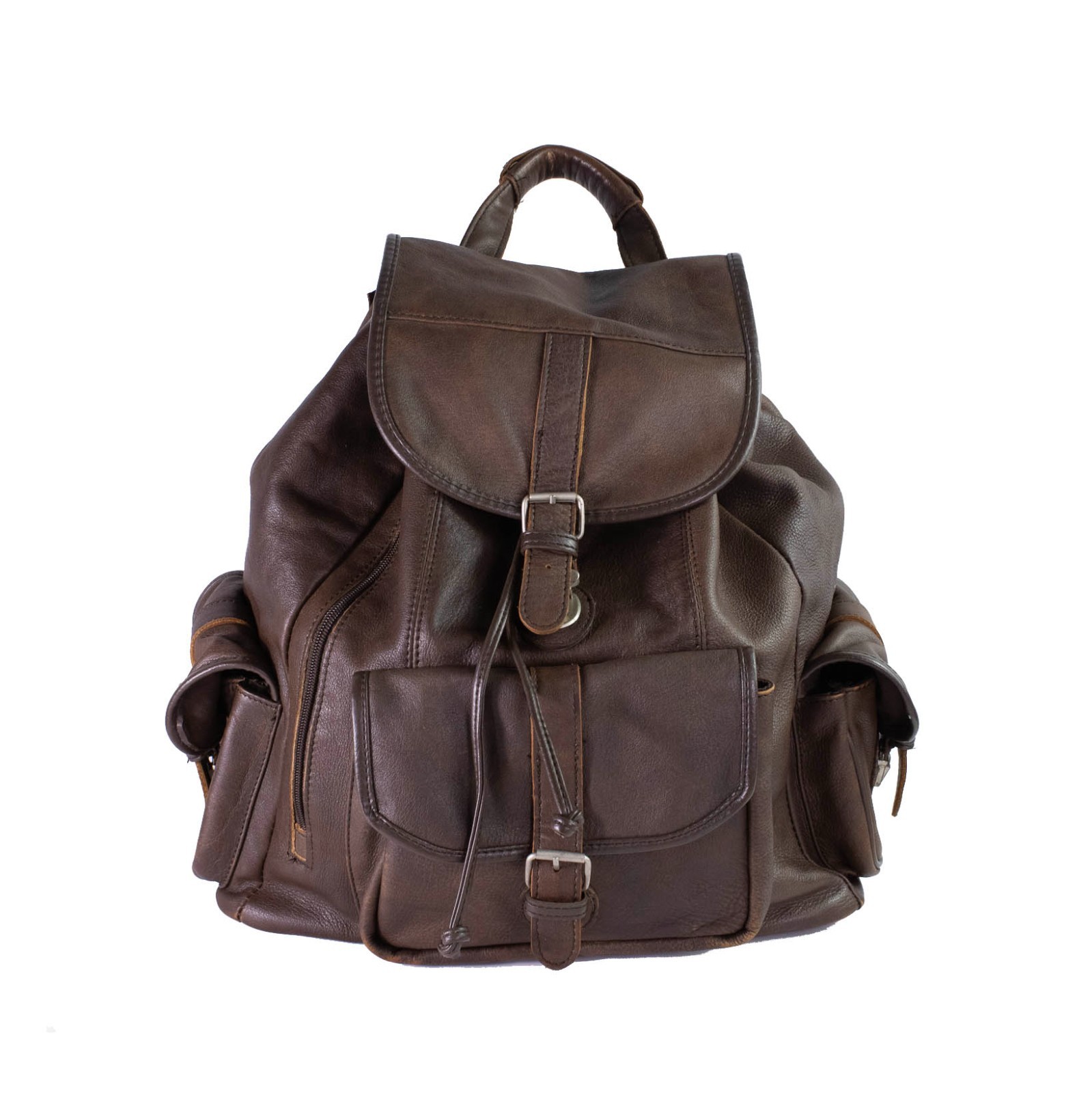 Genuine Cowhide Leather Backpack Brown Drawstring Rucksack Multi Pocket