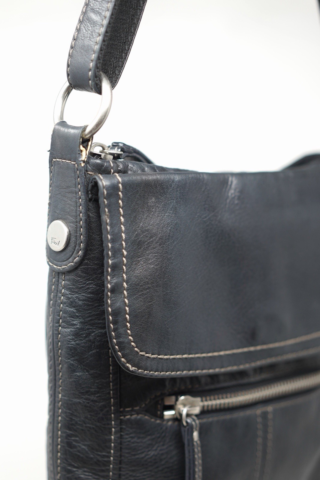 Fossil Black Genuine Pebbled Leather Crossbody Organizer Messenger Bag Purse