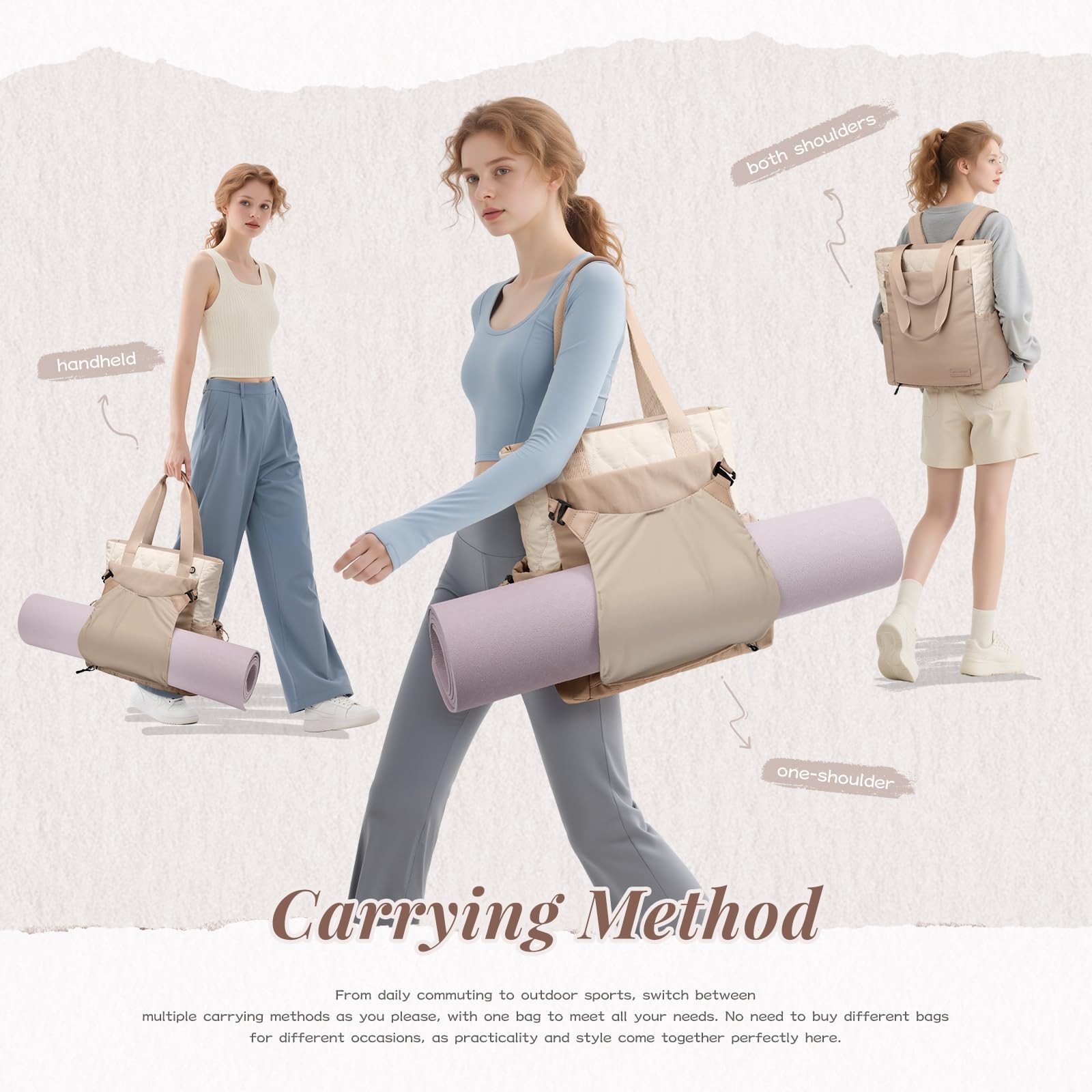 Convertible Laptop Backpack Yoga Sports Bag Quilted Tote Mat Carrier Beige