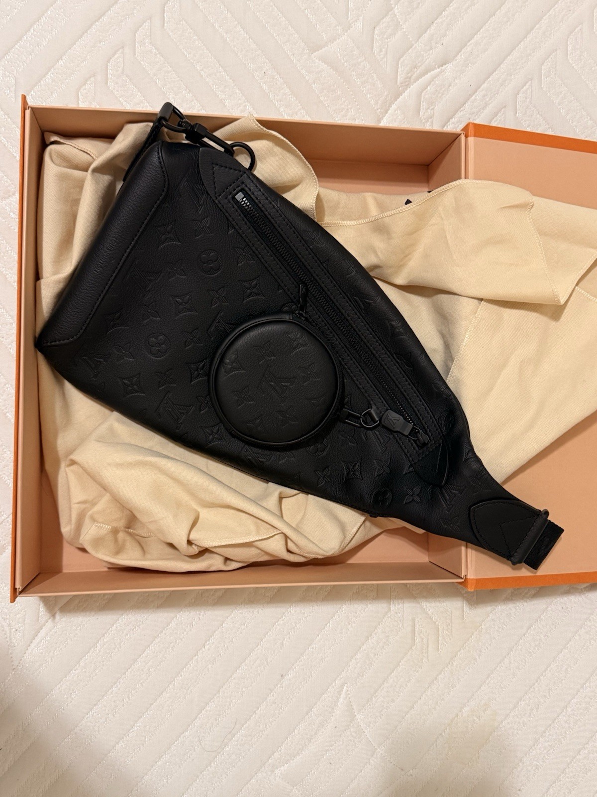 Louis Vuitton Black Monogram Embossed Duo Sling Bag w/ Adjustable Strap & Coin