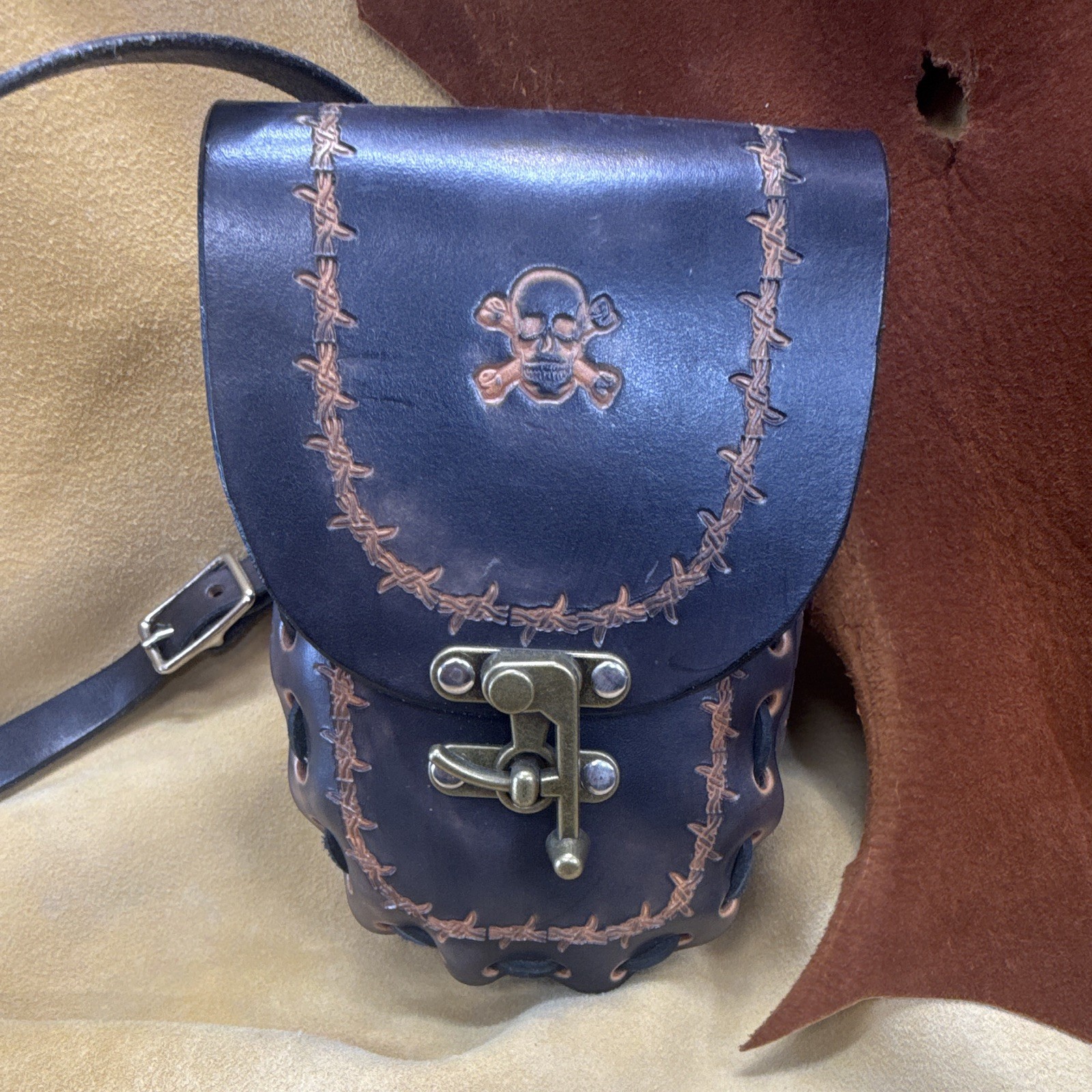 Black Handmade Skull Crossbody Bag Buckle Closure Adjustable Strap Small