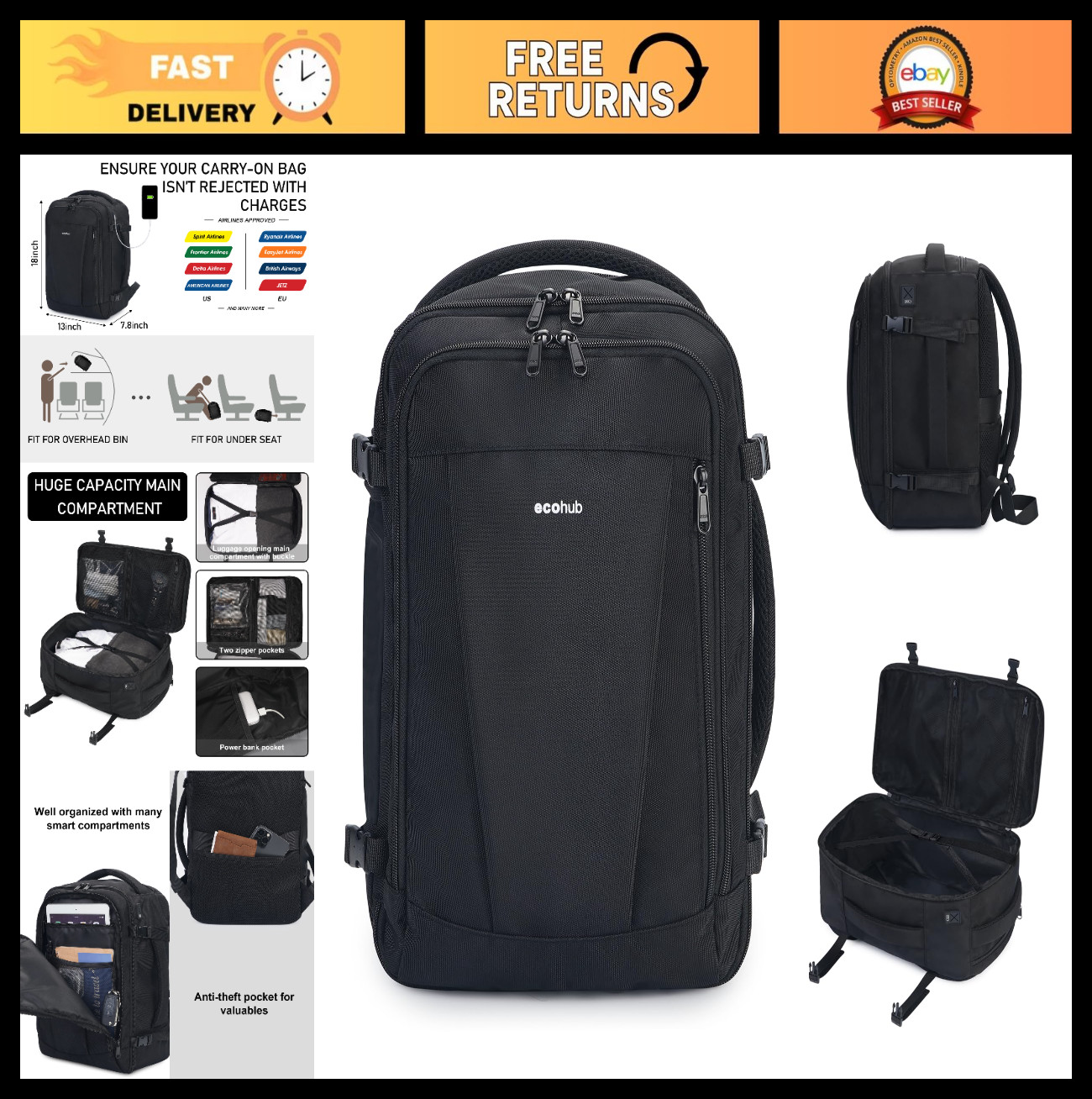 Travel Backpack for Spirit Airlines – 18x14x8 Carry-On Bag, Water Resistant, 13