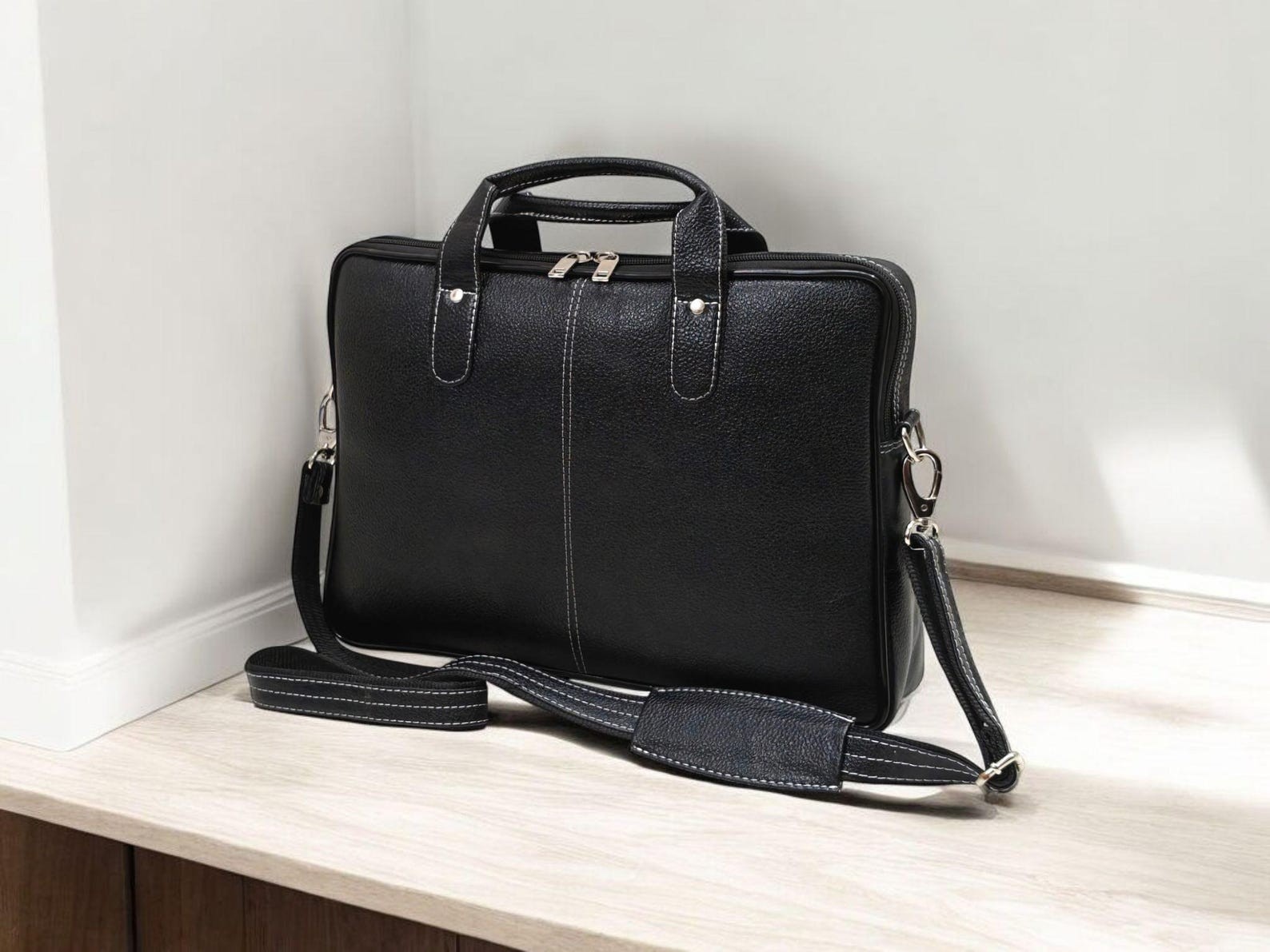 Men’s Handmade Leather Laptop Case, Top Grain Black Office Briefcase