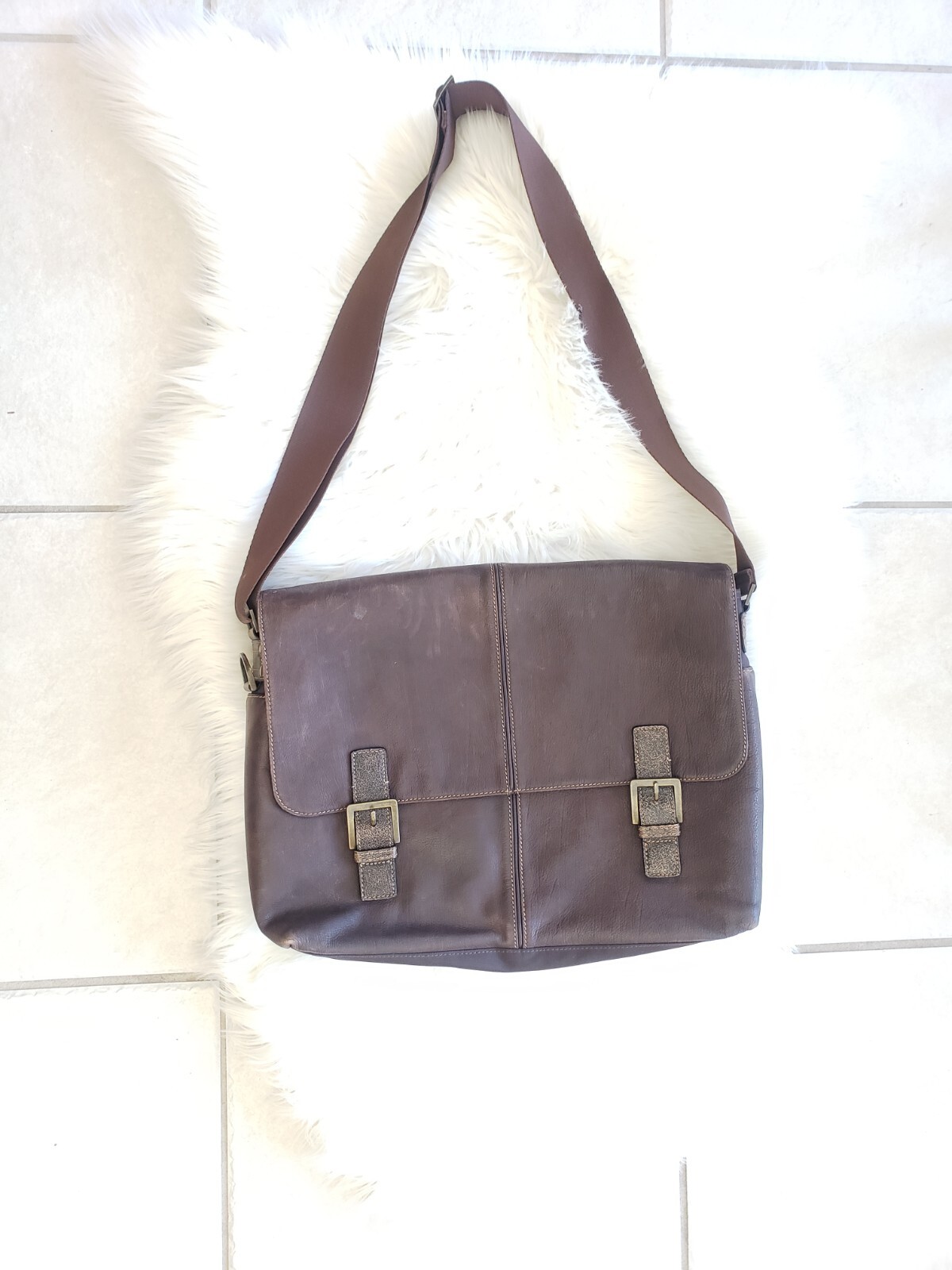 🌺Boconi Brown Leather Garth Slim Mailbag Men Messenger Laptop Crossbody Bag